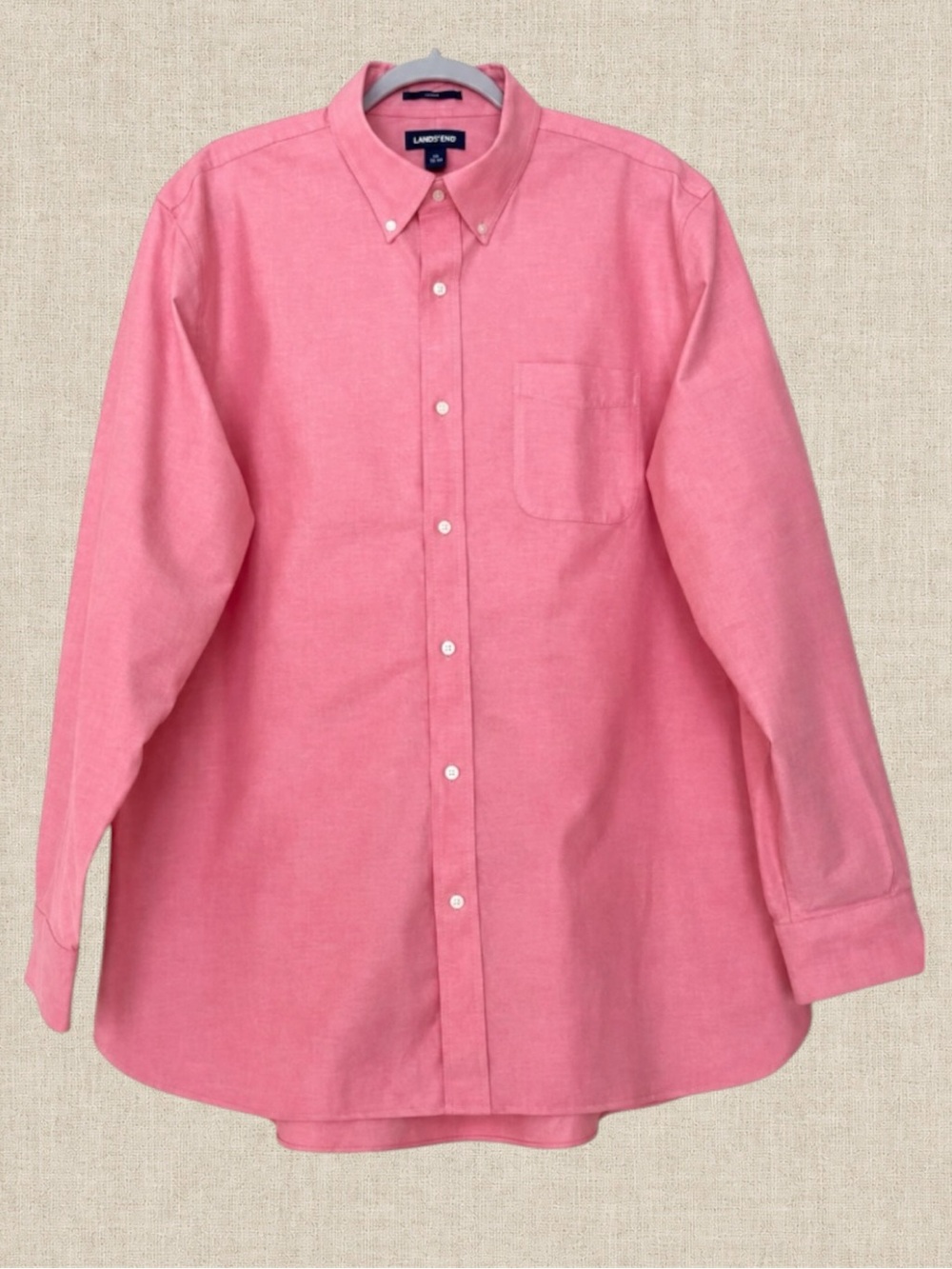 Lands' End Button-Down Dress Shirt Coral Pink No Iron Size XL Long Sleeve